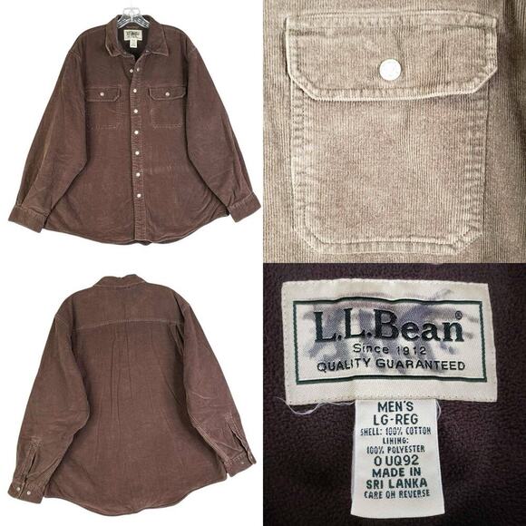 LL Bean Shirt Heavy Snap Button Men’s Size Large L Brown Corduroy Fleece Lined - Picture 1 of 9